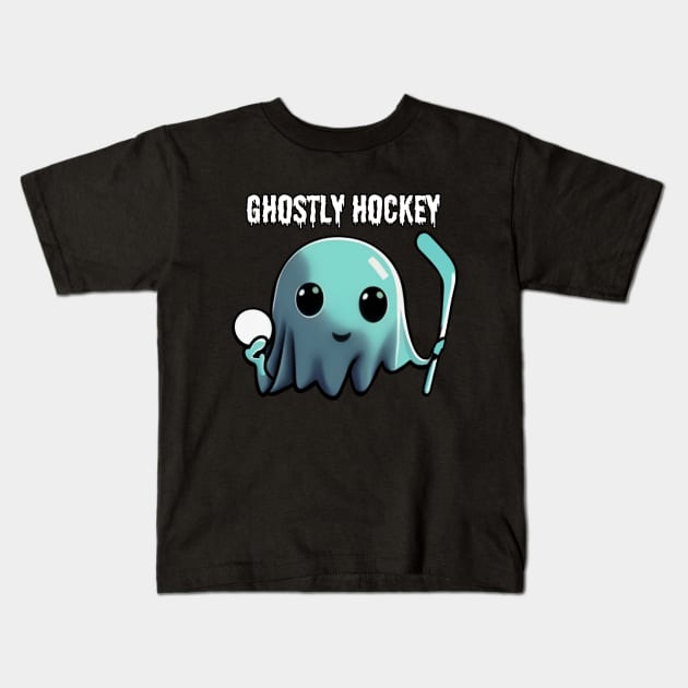 Cute ghost playing hockey: The adventures of a Ghostly Hockey Player, Halloween Kids T-Shirt by Project Charlie